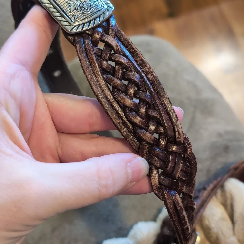 Vintage Brown Braided Western Belt With Silver Accents
